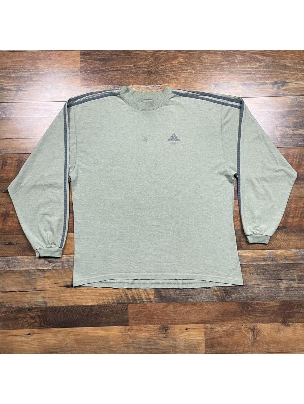 Vintage Adidas Shirt Size Large Green Gray Striped Long Sleeve Embroidered Logo